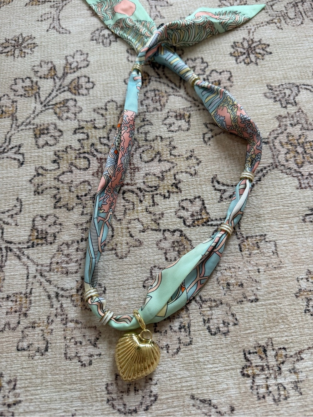 Gold Shell Pendant Scarf Necklace in Mint and Peach